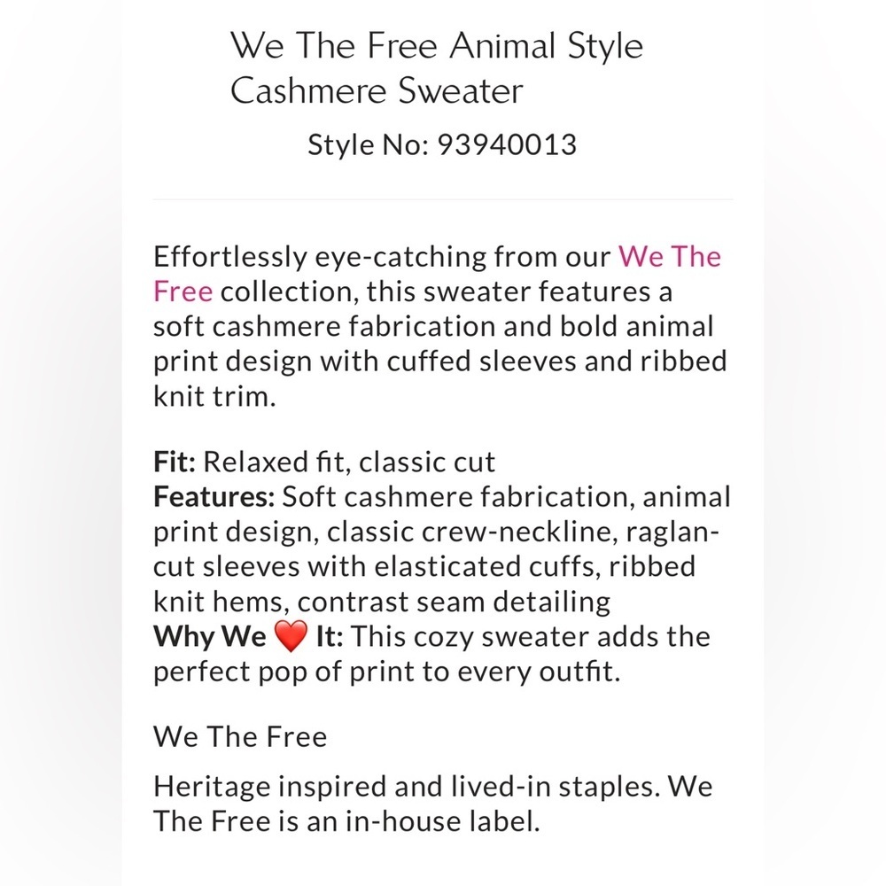 NWT We The Free Animal Style Cashmere Sweater - Picture 3 of 9